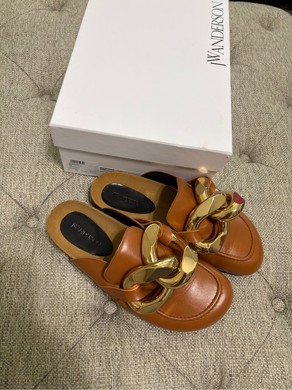 JW ANDERSON Tan Leather Chain-Detail Slip-On Mules